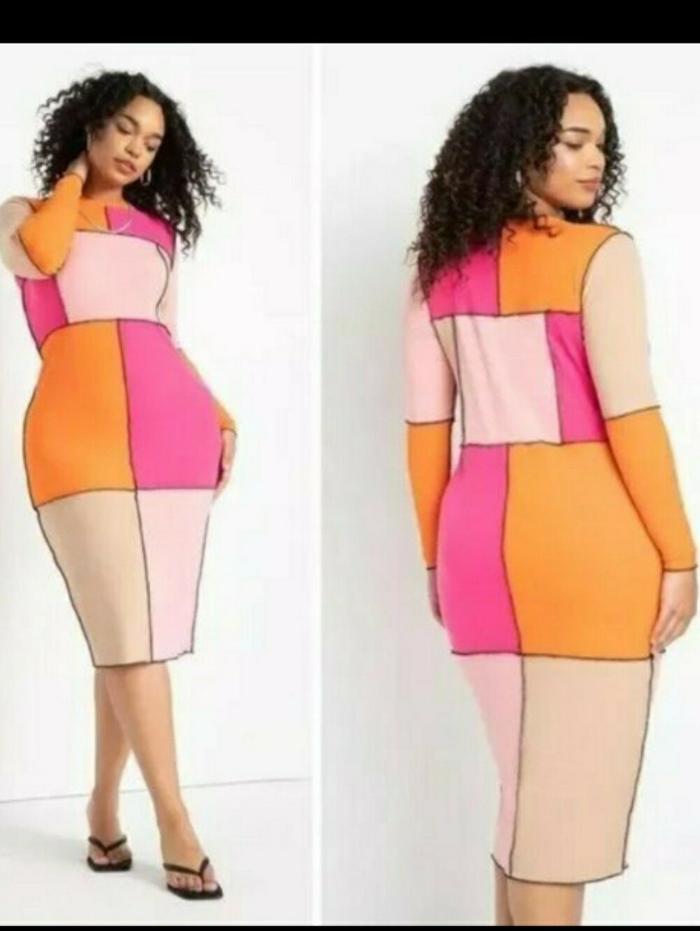 Eloquii,  Colorblock Bodycon Patchwork Midi Dress - Pink, Orange & Cream,  18/20